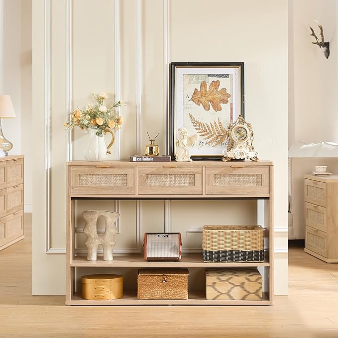 LEYAOYAO 48" Boho Rattan Console Table with 3 Drawers, 3 Tier Wooden Entryway Table with Open Storage Shelf, Narrow Long Behind Couch Sofa Tables for Living Room, Hallway, Entrance, Natural Wood