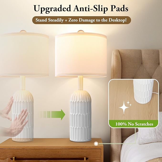 22.5" White Modern Table Lamps Set of 2 for Living Room Bedroom, Farmhouse Vintage Bedside Table Lamps with White Linen Shade, Rustic Bedroom Table Lamp for Nightstand Home Office End Table Dorm