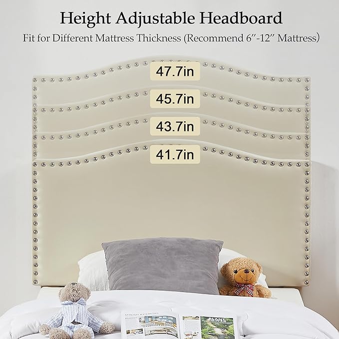 VECELO Twin Bed Frame Platform Bed Frame with Upholstered Headboard, Strong Frame and Wooden Slats Support, Strong Weight Capacity, Non-Slip and Noise-Free, Easy Assembly,Beige