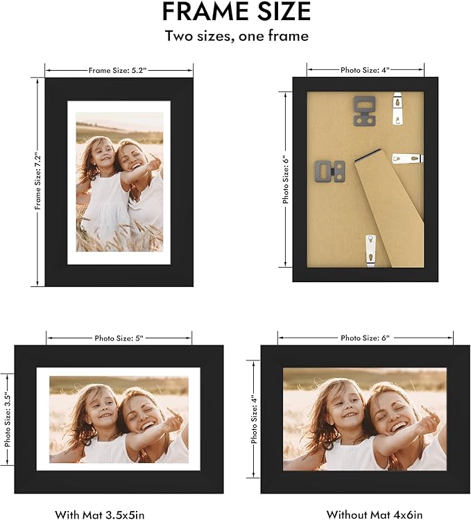 4x6 Picture Frame with Glass, Display Pictures 3.5x5 with Mat or 4 x 6 without Mat - Wall and Tabletop, 4 by 6 Photo Wooden Frames (Black, 1 Pack)