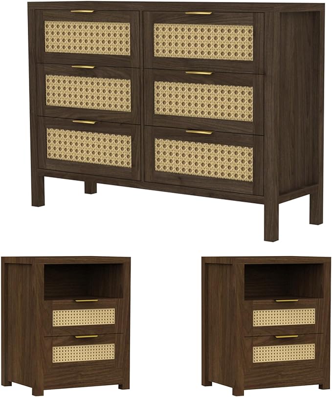 Boho 6 Drawer Dresser & 2 Nightstand Set for Bedroom, Wood Dresser with Gold Handle for Bed Room, Hallway, Brown Oak