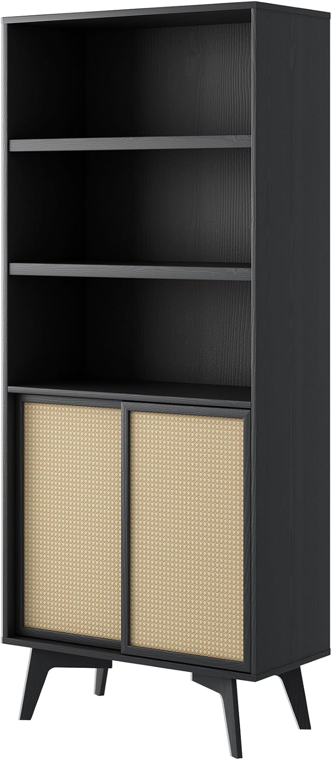 MUSEHOMEINC 5-Tier Tall Bookcase with Sliding Rattan Doors, Black Wooden Bookshelf with Storage, Farmhouse Office Bookshelves for Living Room,Office, Bedroom
