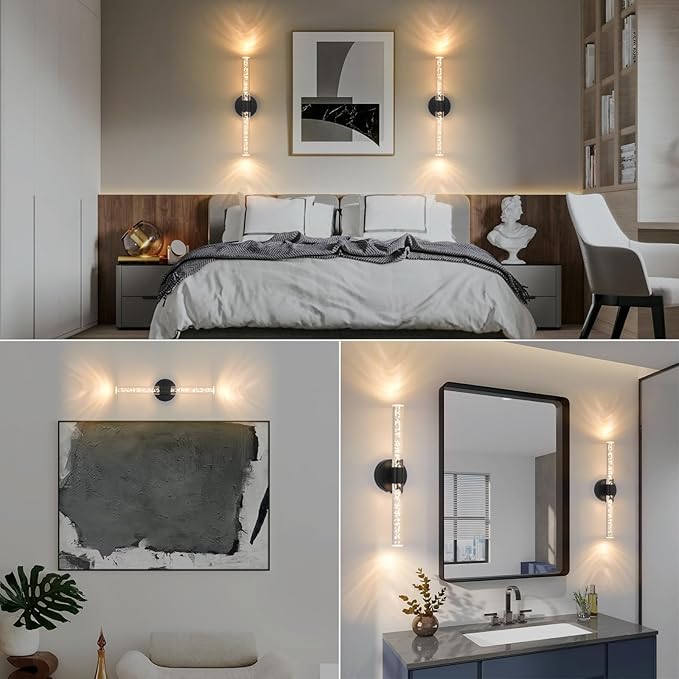 Battery Operated Wall Sconces Set of 2, Black 20'' Rechargeable Crystal Bubble Wall Sconce with Remote Control, 3000K-6000K Dimmable LED Wireless Wall Lights for Living Room Bedroom Bathroom Hallway