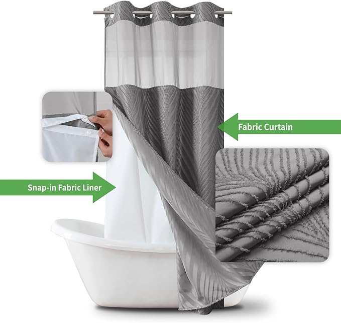 stall no Hook Tufted Shower Curtain with snap in Liner Set, White Waterproof Fabric Inner Liner,Boho Style Shower Curtain with See Through top Window, WarmGrey, 36Wx74H