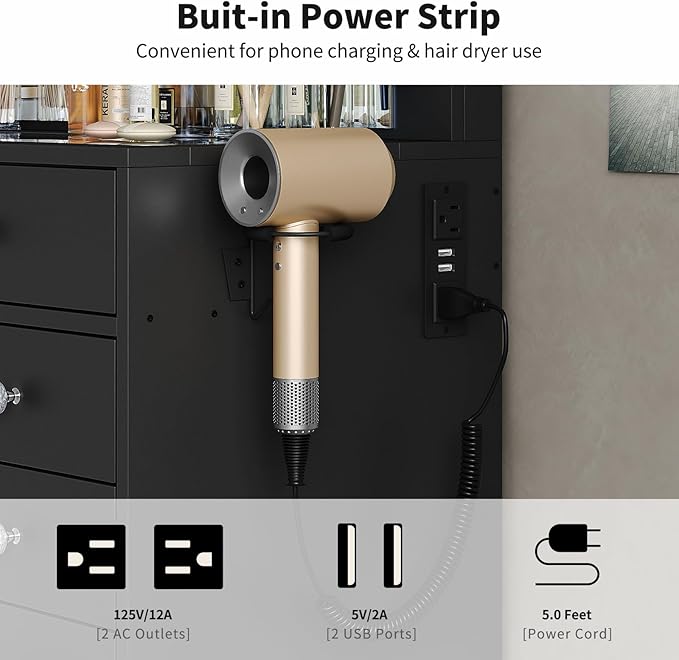 13 Drawers Vanity Desk, 47''W Makeup Vanity with Power Outlet, Vanity Table with Mirror and 12 LED Bulbs, 3 Color Lighting Modes, Glass Top, Dressing Table for Bedroom (Black)