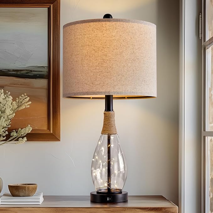 OYEARS 23" Farmhouse Table Lamps for Living Room,Boho Rattan Bedside Lamps with USB-C & USB-A Ports, Glass Nightlight, Dual Light Sources, Black