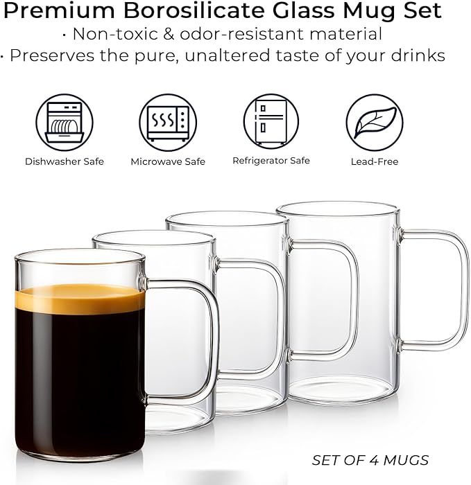 Aquach 4pcs 18 oz Clear Glass Coffee Mugs with Handle - Large Cups for Coffee, Tea, Latte, Cappuccino