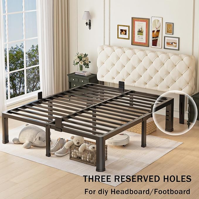 14 inch Queen Bed Frame with Round Corner Legs and Headboard Hole Mattress Slide Stopper 3500 lbs Heavy Duty Metal Platform,Steel Slats Support,No Box Spring Needed,Easy Assembly,Noise Free