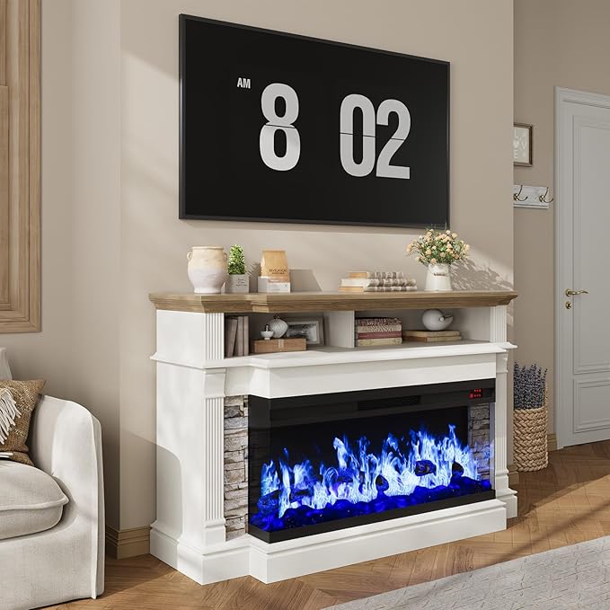 QUW Fireplace TV Stand for TVs up to 65", Farmhouse 52" Fireplace Entertainment Center with 36" 3-Side Glass Electric Fireplace, TV Console with Open Storage Shelves for Living Room, Antique White