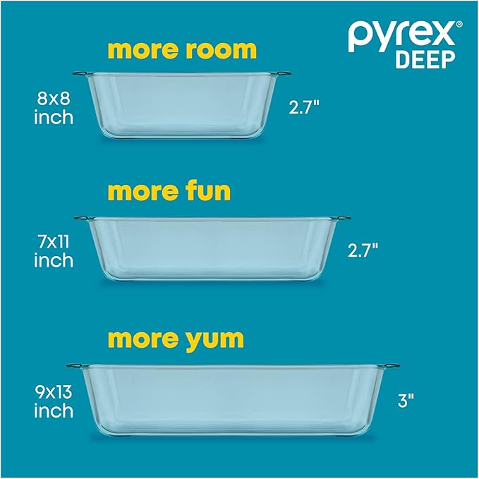 Pyrex Deep 3-Pack Glass Baking Dish Set (9"x13", 7"x11", 8"x8") With BPA-Free Lids, Rectangular Glass Bakeware, Dishwasher, Microwave, Freezer & Pre-Heated Oven Safe
