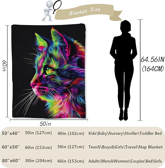 Colorful Cat Blanket - Ultra Soft, Fluffy, Lightweight Flannel Throw Blankets for Couch, Bed, Travel, Outdoor - Cozy, Fuzzy Home Decor, for Adults Kids Women Girls, All Season 60×50 in