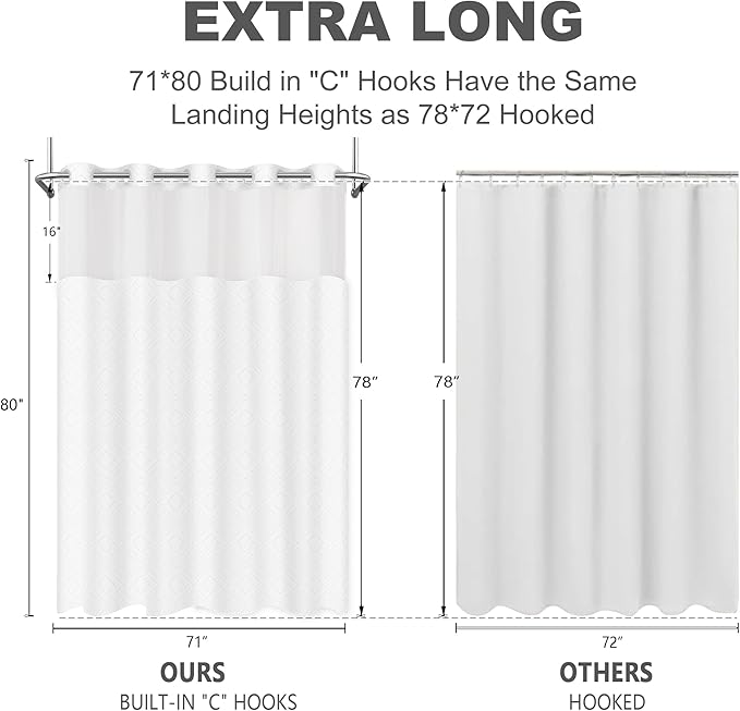 No Hook Shower Curtain Set with Snap in Liner, White Jacquard Tufted Geometric Bath Curtain, Boho Luxury Hotel Bathroom Decor, Waterproof Washable, 71 x 80 Inch