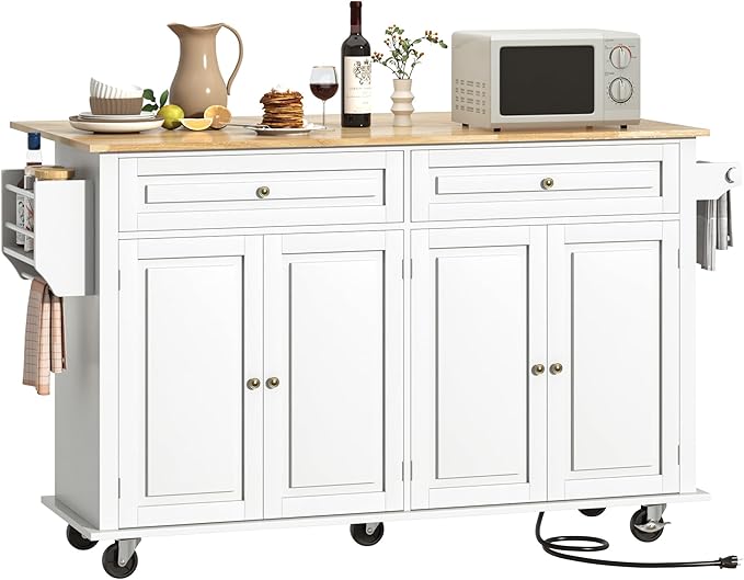 63" Movable Kitchen Island with Drop Leaf and Power Outlet, Rolling Island Cart w/Storage Cabinet, Island Table on Wheels for Kitchen w/2 Drawers, Spice Rack, Towel Bar, Garage Hook, White