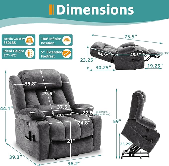 MEETWARM Oversized Dual Motor Lay Flat Power Lift Recliner Chair for Elderly with Heat Massage, Large Sleeping Electric Recliner with Extended Footrest, Lumbar Pillow, USB & Type-C Ports, Plush-Gray