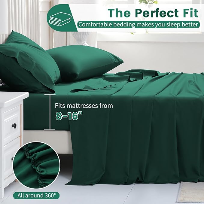 Bedlifes 1000 Thread Count 100% Egyptian Cotton King Size Sheets Set - Sateen Soft Silky Breathable Luxury Cooling 4 Pieces (Dark Green)