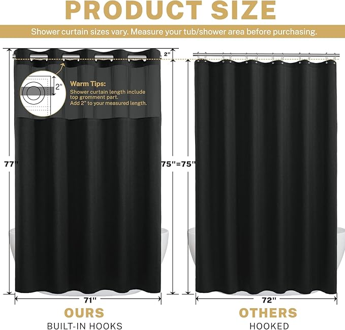 No Hook Shower Curtain with Snap in Liner, Polyester Textured Shower Curtain with Liner Set, Waterproof Washable Hotel Style Shower Curtains for Bathroom, 71Wx77H, Black