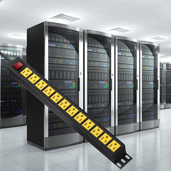 BTU Power Strip Surge Protector Rack-Mount PDU, 12 Outlet Power Strip with Switch, Metal Mountable Heavy Duty for Server Racks, Garage Shop, Industrial Commercial (Yellow 6FT)