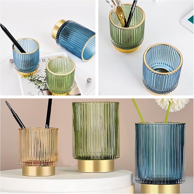 DASITON Makeup Brush holder Organizer,Crystal Cosmetic Makeup Brush Glass Brushes Storage Holder, Vintage Make Up Brush Cup Pen Pencil Holder striped vase(Blue S+L)