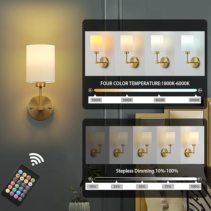 Battery Operated Wall Sconce Set of Two,Wireless Rechargeable Wall Light With Remote Control, Dimmable, 1800K/3000K/4000K/6000K/RGB, Timer, for Living Room, Bedroom, Fireplace, TV, 13.5 Inch, Gold