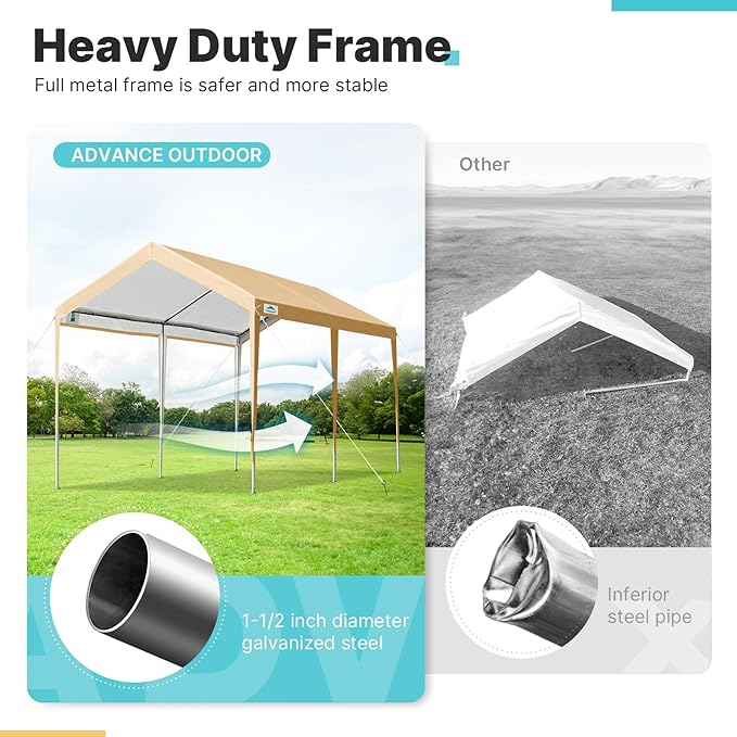 ADVANCE OUTDOOR 10x20 ft Heavy Duty Carport Potable Car Canopy Garage Party Tent Boat Shelter, Adjustable Height, with Leg Cloth, Beige