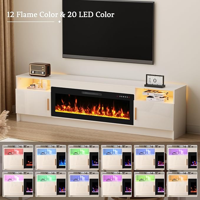 80'' TV Stand with 42''Fireplace-White Entertainment Center for 90 inch TV- TV Cabinet with LED Light, Storage, High Glossy Door, Modern TV Console for Living Room