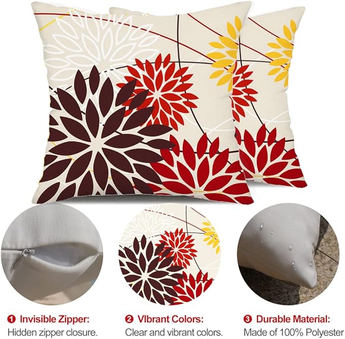 Red Brown Outdoor Pillow Cover 18X18 Inch Set of 2 Outdoor Waterproof Fall Floral Brown Decorative Pillowcase Decor for Couch Patio Funiture Garden Print Polyester Cushion Cover 01K18