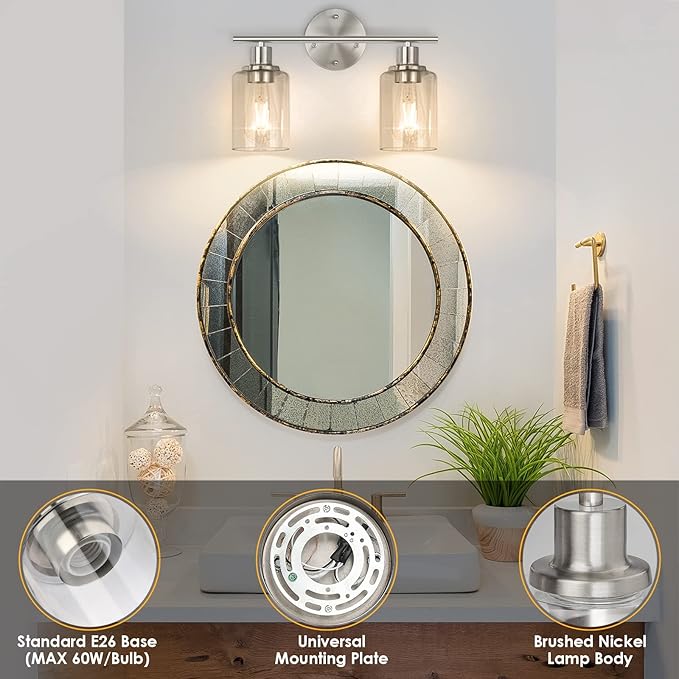FOLKSMATE Bathroom Light Fixtures, 2-Light Brushed Nickel Vanity Light, Silver Wall Sconce Lighting, Modern Bath Wall Mounted Lighting with Glass Shade, Porch Lamp for Living Room, Bedroom, Hallway