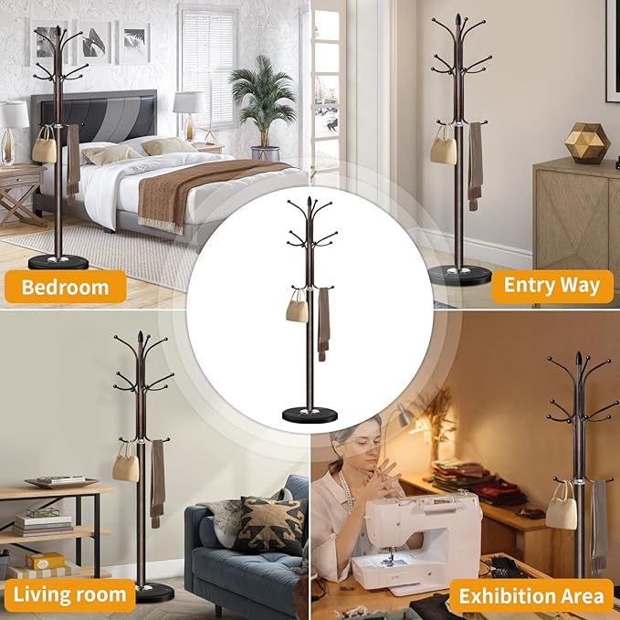 Metal Coat Rack Stand with Natural Marble Base, Coat Rack Freestanding, Free Standing Hall Tree with 12 Hooks for Hanging Clothes, Bags, Scarfs, Coat Hanger for Entryway, Hallway (Brown)