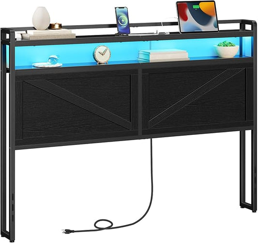 HOOBRO Headboard Queen Size, Headboard with Charging Station and LED Light Strip, 2-Tier Queen Storage Headboard with Outlets and USB Ports, Industrial Style, for Queen Size Beds, Black