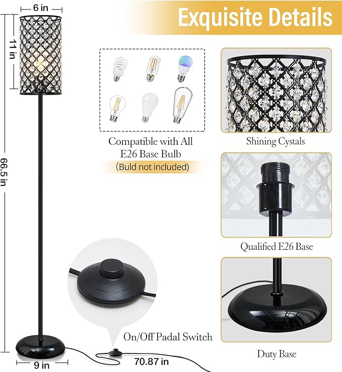 Crystal Floor Lamp, Modern Standing Lamp with Elegant Shade Black Floor Lamp with On/Off Foot Switch,Tall Pole Accent Lighting for Living Room, Girl Bedroom, Dresser, Office
