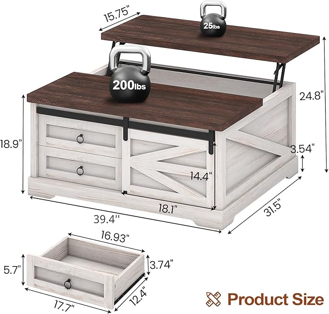 Itaar 39.4'' Lift Top Coffee Table with Storage, Farmhouse Coffee Tables for Living Room, Square Coffee Table with Large Hidden Compartment & 2 Drawers & Adjustable Shelves, White
