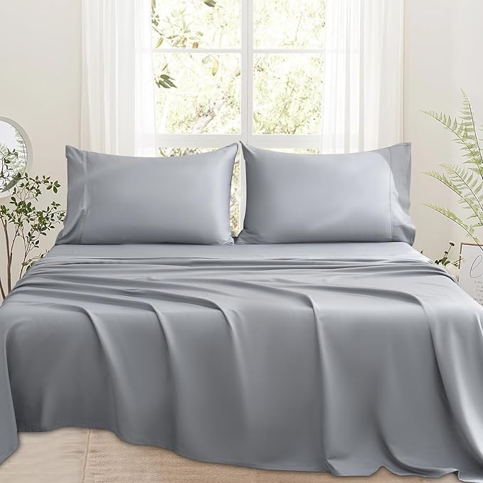 Bedlifes 1000 Thread Count 100% Egyptian Cotton Queen Size Sheets Set - Sateen Soft Silky Breathable Luxury Cooling 4 Pieces (Light Grey)