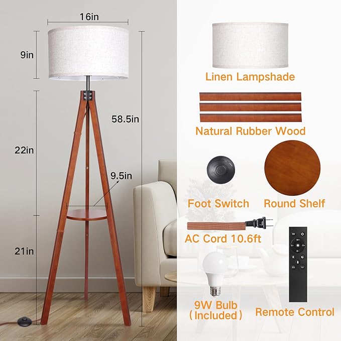 OUTON Dimmable Wood Tripod Floor Lamp with Shelves, Remote Control, Mid Century Modern Standing Lamp 58.5" for Bedroom, Living Room, and Office, Flaxen Lamp Shade Include E26 9W Bulb