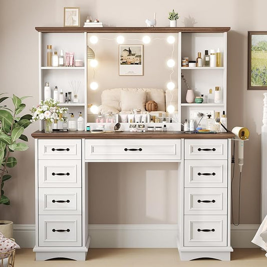 Maupvit Vanity Desk with Mirror and Lights，Large Makeup Table with Storage，White Vanity with Drawers and Shelves，Bedroom Dressing Table