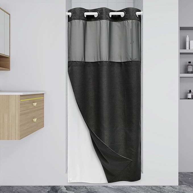 Stall No Hook Shower Curtain with Snap in Liner,230GSM Waffle Weave Shower Curtains for Bathroom,36W x 74H,Black