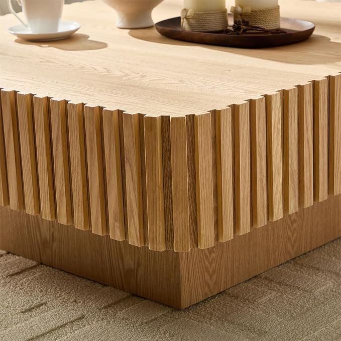 Square Coffee Table for Living Room, Accent Fluted Coffee Table with Storage, Modern Solid Wood Veneered Large Center Tea Table for Small Space Apartment (35.4''D×16''H-Natural)