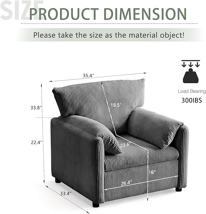 Corduroy Single Sofa Chair Modern Upholstered Accent Chair for Reading Comfy Living Room Chair with Side Pocket Oversized Armchair for Bedroom Lounge(Charcoal)