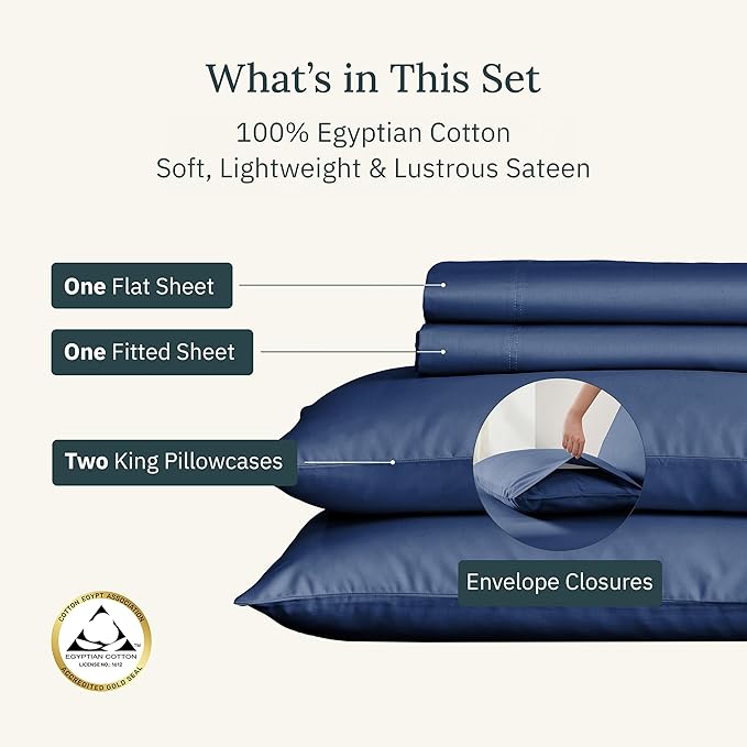California Design Den King Size Sheets Set Deep Pockets - Certified 100% Egyptian Cotton Sheets King Size, Soft Sateen, Deep Pockets with Anti-Skid Elastic, Cool and Durable Luxury Bedding - Navy Blue