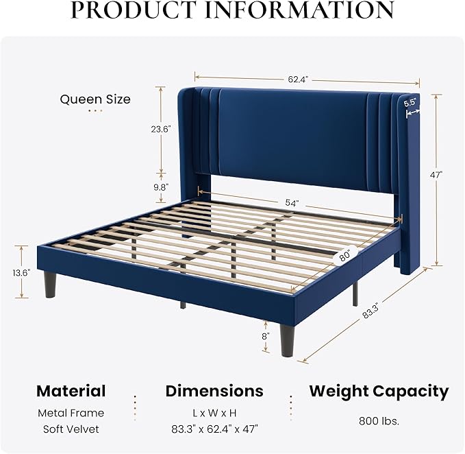 SHA CERLIN Queen Size Velvet Upholstered Platform Bed Frame with Vertical Channel Tufted Wingback Headboard, Wooden Slats Support, Easy Assembly, Under Bed Storage, No Box Spring Required, Blue