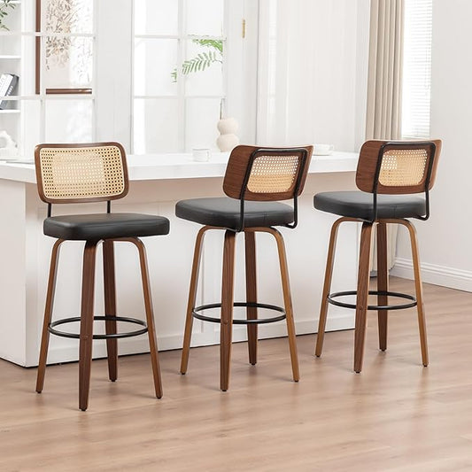 Swivel Counter Height Stools - 26 inch Counter Stools Set of 3 with Curved Rattan Back, Walnut Craftsmanship, Upholstered Seat, Counter Height Bar Stool for Island/Pub/Kitchen (26" Seat Height, Black)