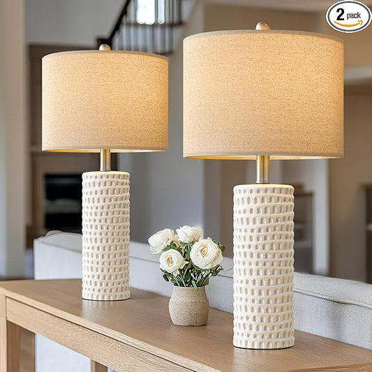 PORTRES 24" Farmhouse Ceramic Table Lamp Set of 2 for Bedroom Living Room White Desk Decor Bedside Lamps for Study Room Office Dorm Modern Accent Nightstand Lamp End Table Lamps