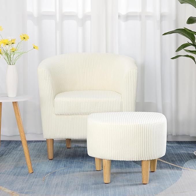 DAZONE Accent Chair, Barrel Chair with Ottoman Comfy Armchair Corduroy Living Room Chairs Mid Century Modern Chair Upholstered Club Tub Sofa Chair for Bedroom Reading Room Ivory