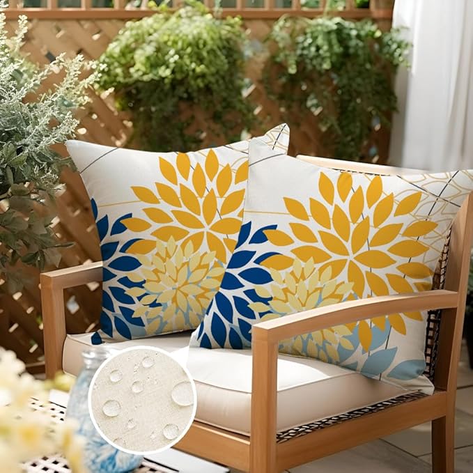 RABUSOFA Outdoor Pillow Covers 16x16 Inch Set of 2 Yellow Blue Flower Decorative Waterproof Spring Summer Floral Outdoor Cushion Covers for Patio Funiture Garden Couch Decor