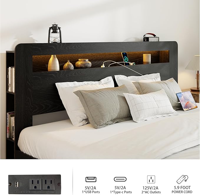Wood Queen Size Bed Frame with Headboard, Farmhouse Platform Bed Frame with Bookcase Shelf,LED Lights,Charging Station,Heavy Duty Supports,No Box Spring Needed,Dark Black