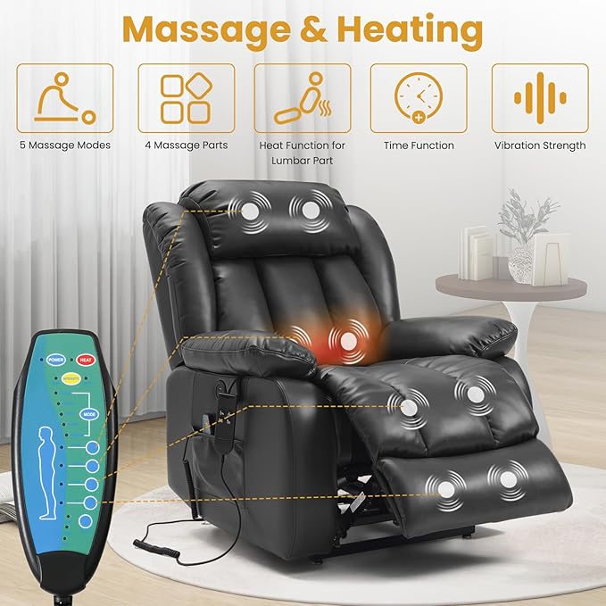 PARKOL Large Breathing Leather Infinite Position Power Lay Flat Lift Recliner Chairs for Elderly, Dual Motor with Massage and Heating,Extended Footrest,USB & Type-C Port and Remote,Black
