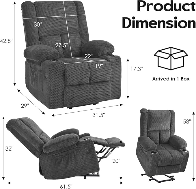 Electric Power Lift Recliner Chair,Reclining Chair with 8 Massage for Elderly,Recliner Single Sofa with 2 Cup Holders,Side Pockets,USB Charge Port,Remote Control for Living Room,Bedroom,Gray