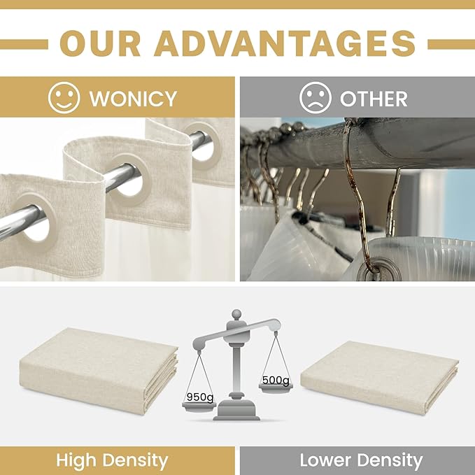 No Hook Shower Curtain with Snap in Liner, Polyester Textured Shower Curtain with Liner Set, Waterproof Washable Hotel Style Shower Curtains for Bathroom, 71Wx74H, Cream