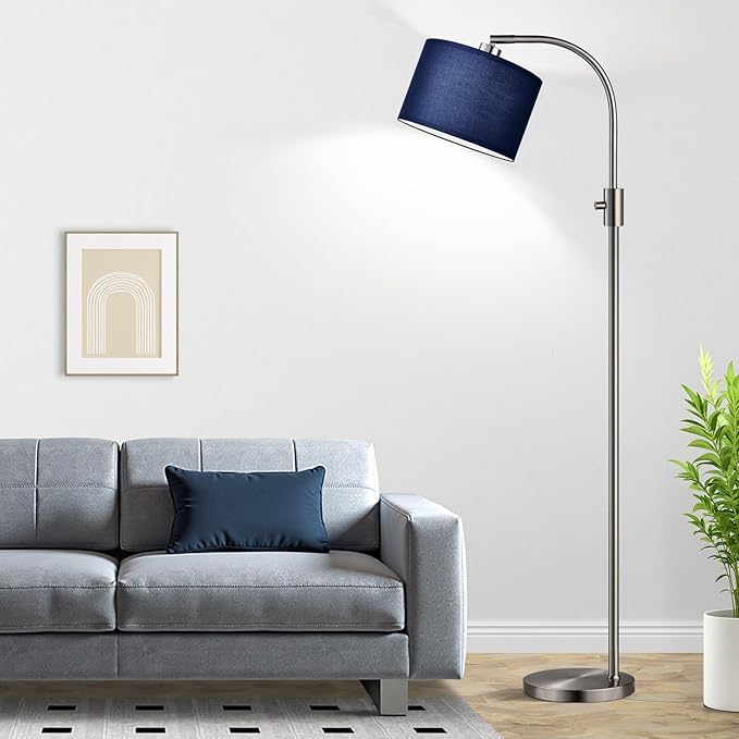 【Upgraded】 Dimmable Brushed Nickel Floor Lamp, 1200 Lumens LED Bulb Included, Arc Floor Lamps for Living Room Modern Standing Lamp with Blue Shade, Tall Lamp for Living Room Bedroom Office Study room