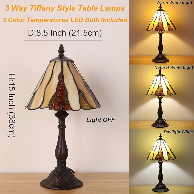 Tiffany Style Table Lamp for Living Room 3 Color-Temperature Stained Glass Small Table Lamps for Bedroom 8.5X8.5X15 Inch Bedside Nightstand Lamp Home Office Farmhouse Desk Lamp W/LED Bulb