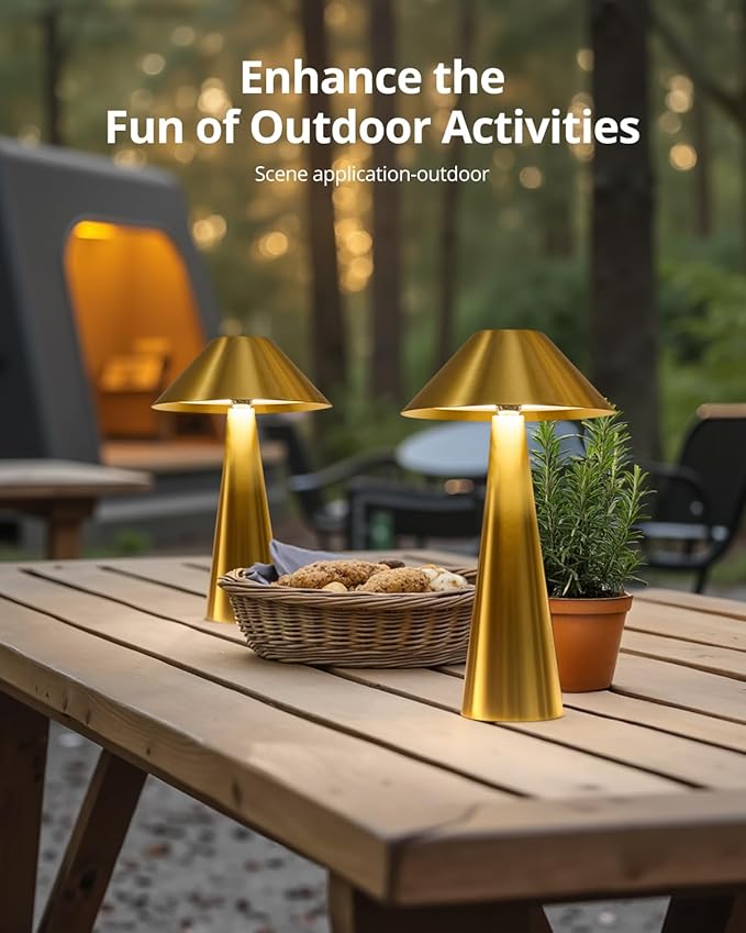 Bojim 2 Pack Rechargeable Cordless Table Lamp, Gold LED Battery Operated Wireless Table Lights, Touch for Color Changing Dimmable, IP54 Waterproof for Restaurant, Dining, Outdoor, Patio, Outside